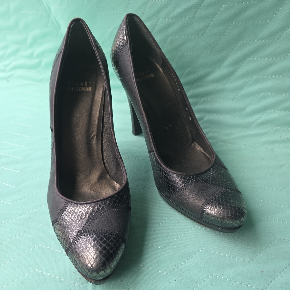 Stuart Weitzman Black Patchwork Leather Pumps Hee… - image 1